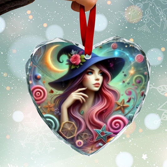 Moon Witch Christmas Heart-Shaped Crystal Glass Ornament