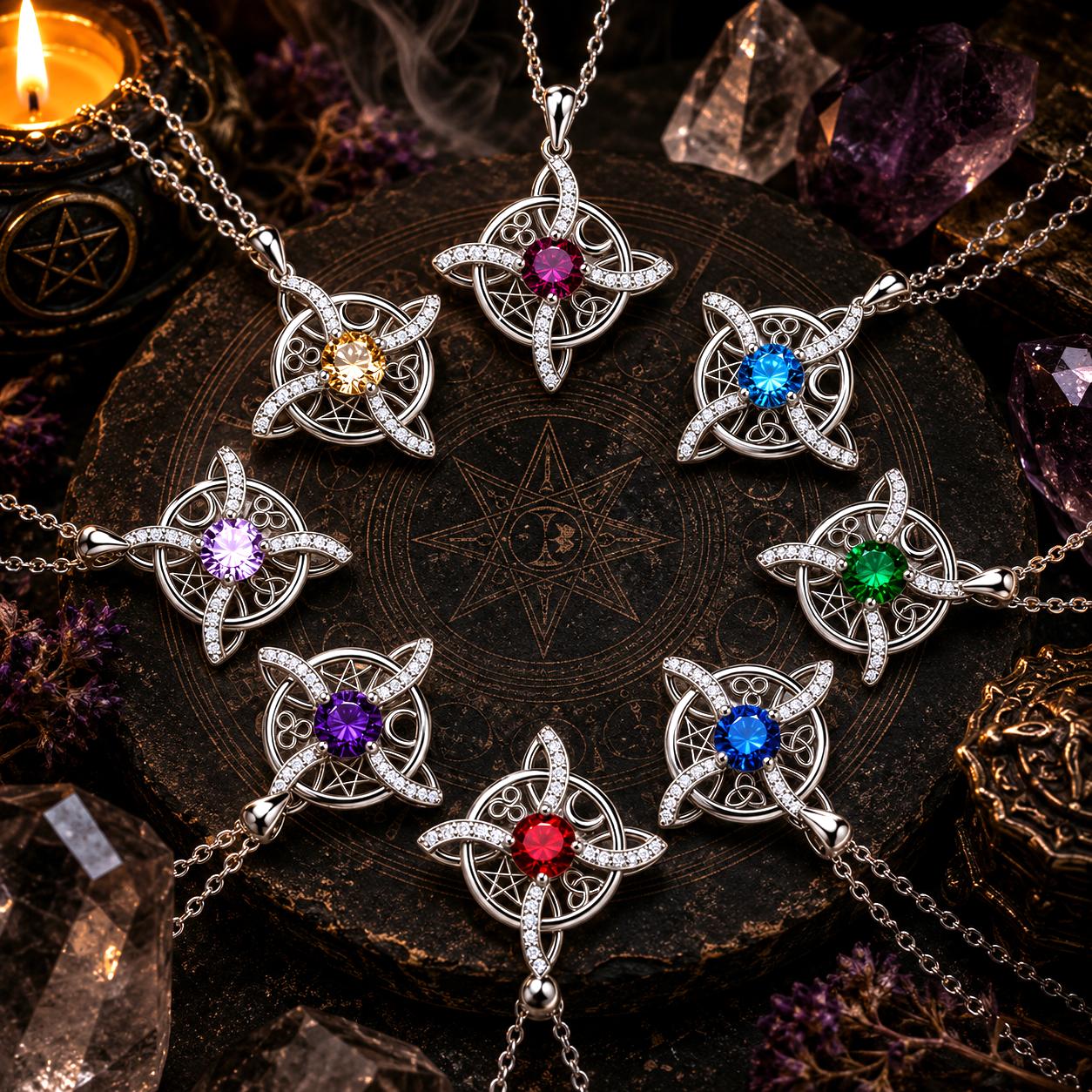 Wiccan pentacle necklaces with colorful gemstones, crystals, and candlelight for magical altar decor