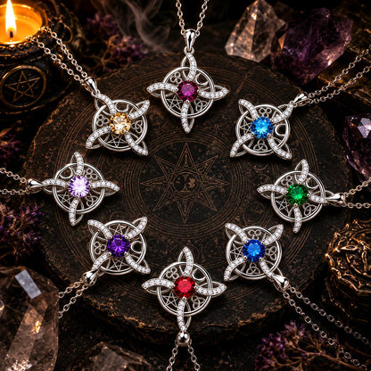 Wiccan pentacle necklaces with colorful gemstones, crystals, and candlelight for magical altar decor