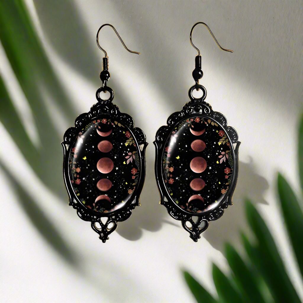 Moon Phase Earrings Moon Gothic Black Lace Glass Earrings Wicca Jewelry-MoonChildWorld