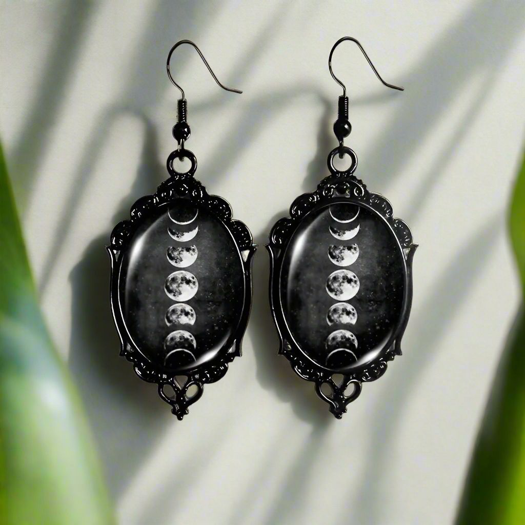 Moon Phase Earrings Moon Gothic Black Lace Glass Earrings Wicca Jewelry-MoonChildWorld