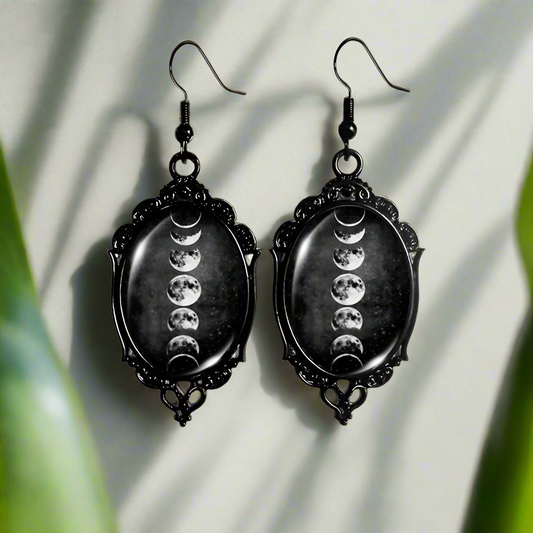 Moon Phase Earrings Moon Gothic Black Lace Glass Earrings Wicca Jewelry