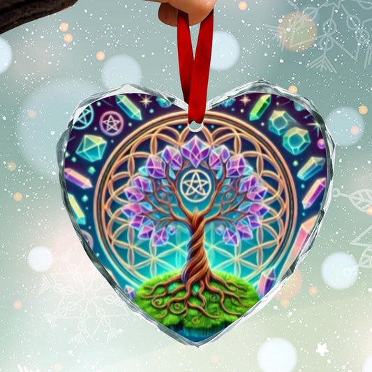 Pagan Celtic Tree of Life Wicca Yule Heart-Shaped Crystal Glass Ornament