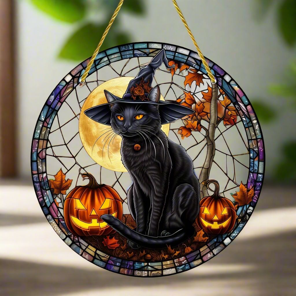 Halloween Suncatcher Magic Black Cat Acrylic Round Sign-MoonChildWorld