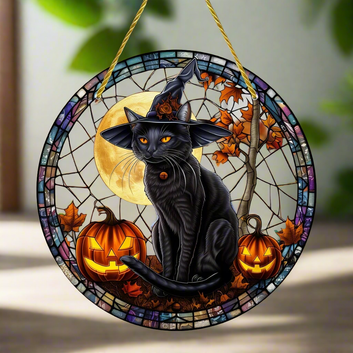 Halloween Suncatcher Magic Black Cat Acrylic Round Sign