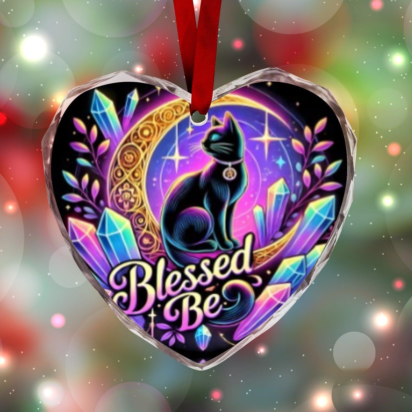 Witchy Moon Black Cat Wicca Christmas Heart-Shaped Crystal Glass Ornament-MoonChildWorld