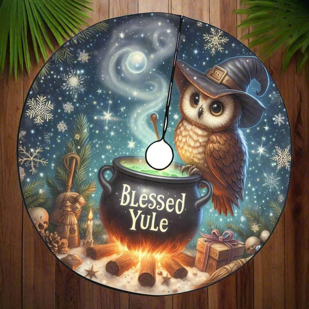 Witchy Owl Christmas Tree Skirt for Yule Decorations-MoonChildWorld