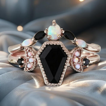 Black Onyx Gemstone Moon and Coffin Witch Ring Gothic Jewelry
