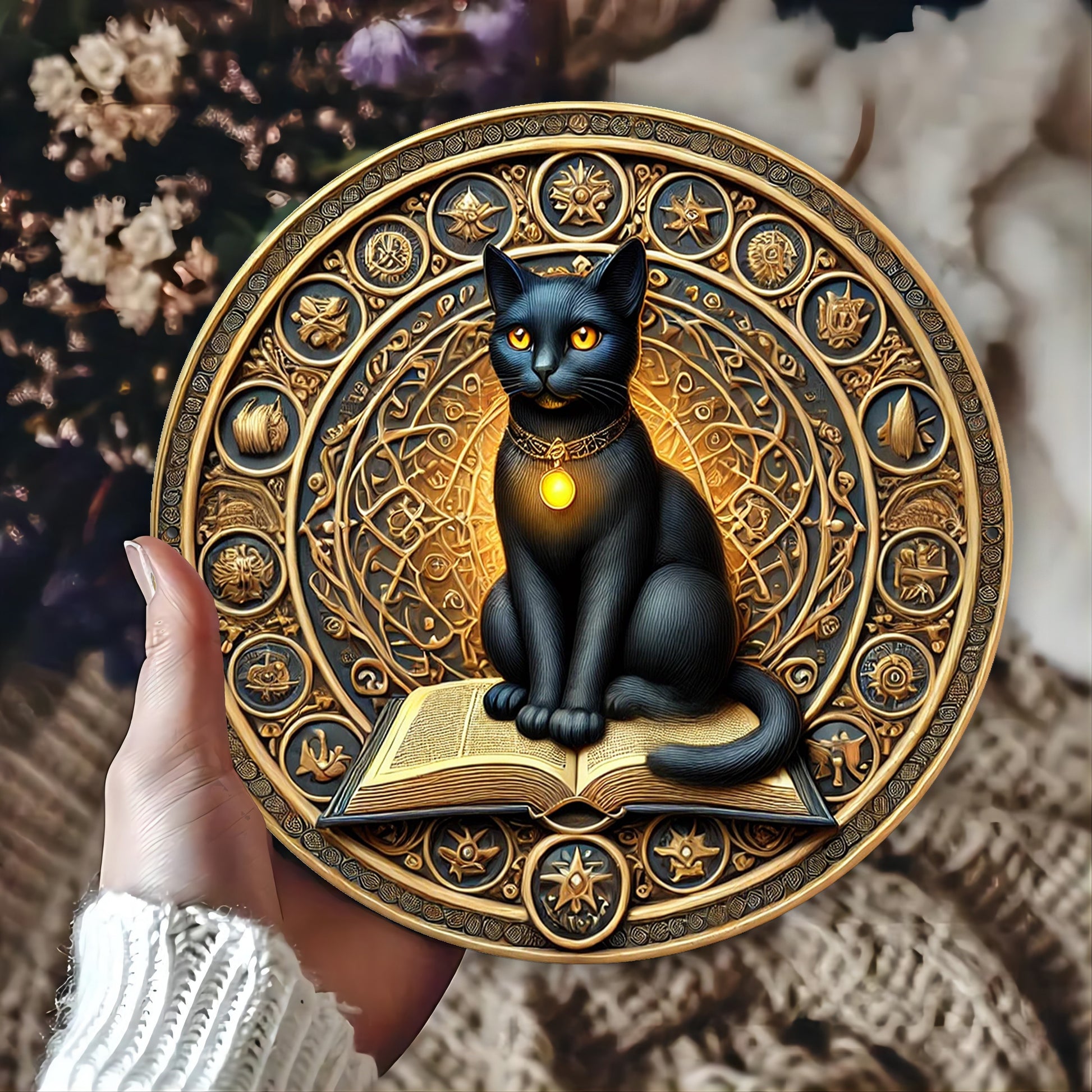 Witchy Black Cat on Book of Shadows Wicca Metal Sign-MoonChildWorld