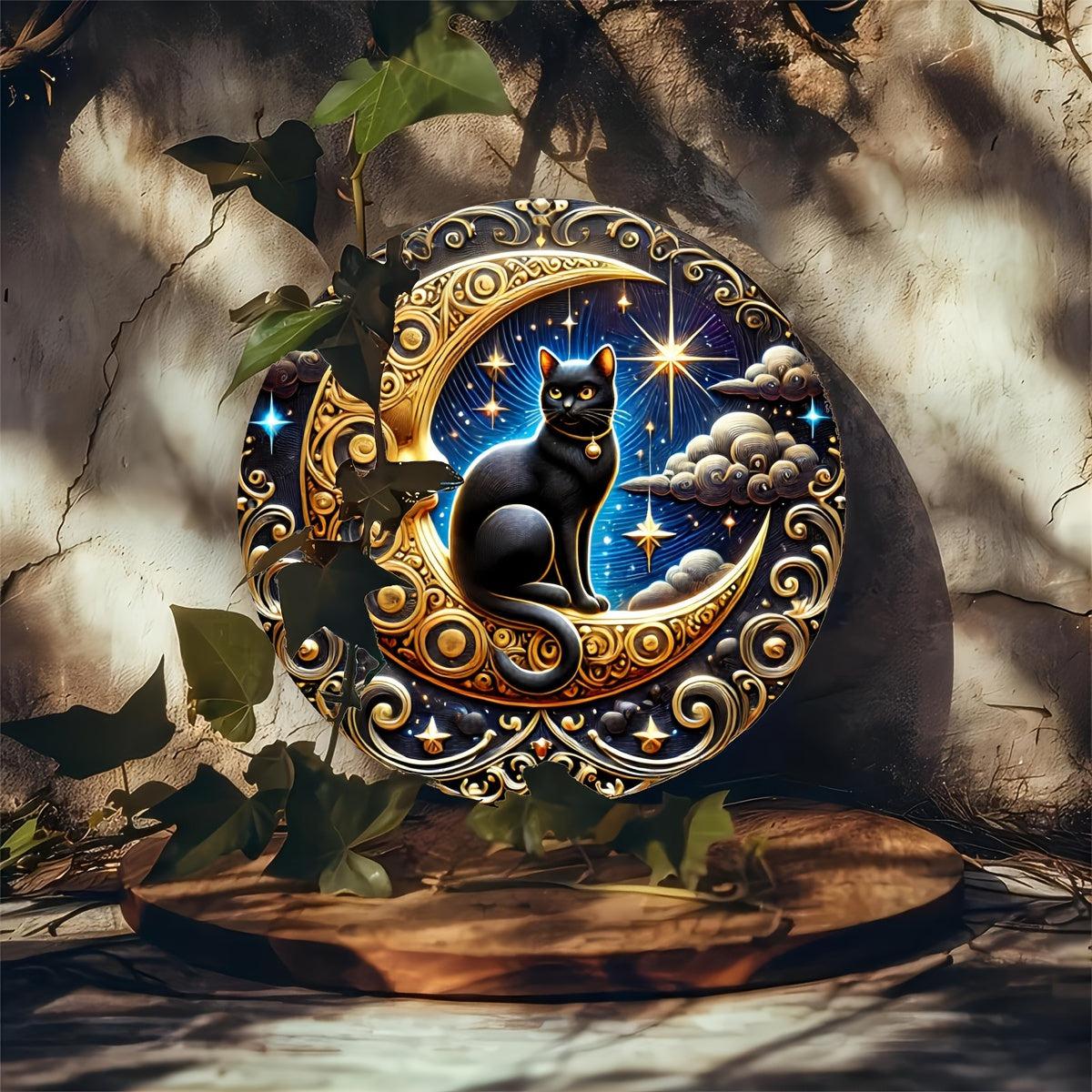 Witchy Black Cat & Moon Metal Sign Celestial Home Decor-MoonChildWorld