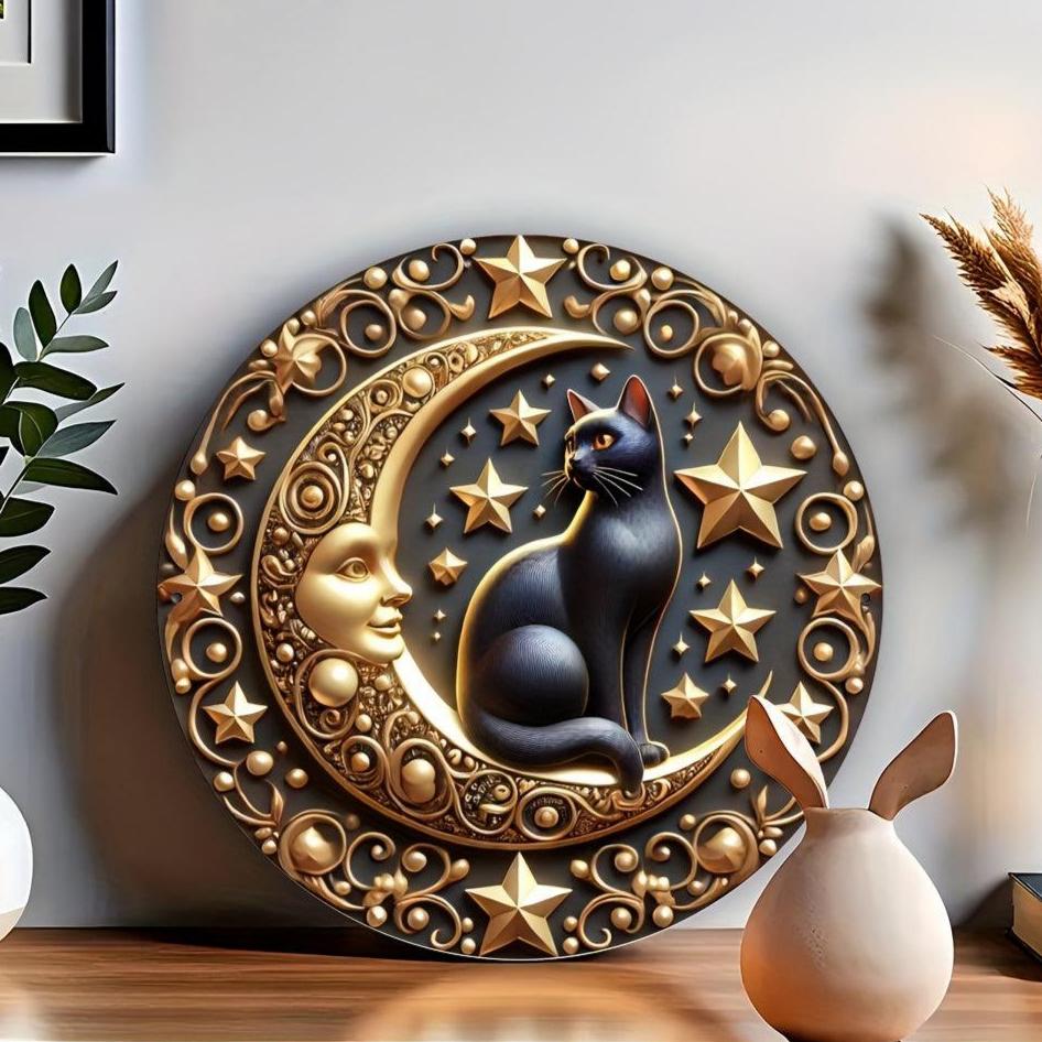 Black Cat and Moon Metal Tin Sign Witchy Cat Wall Art for Wiccan Christmas Decor-MoonChildWorld