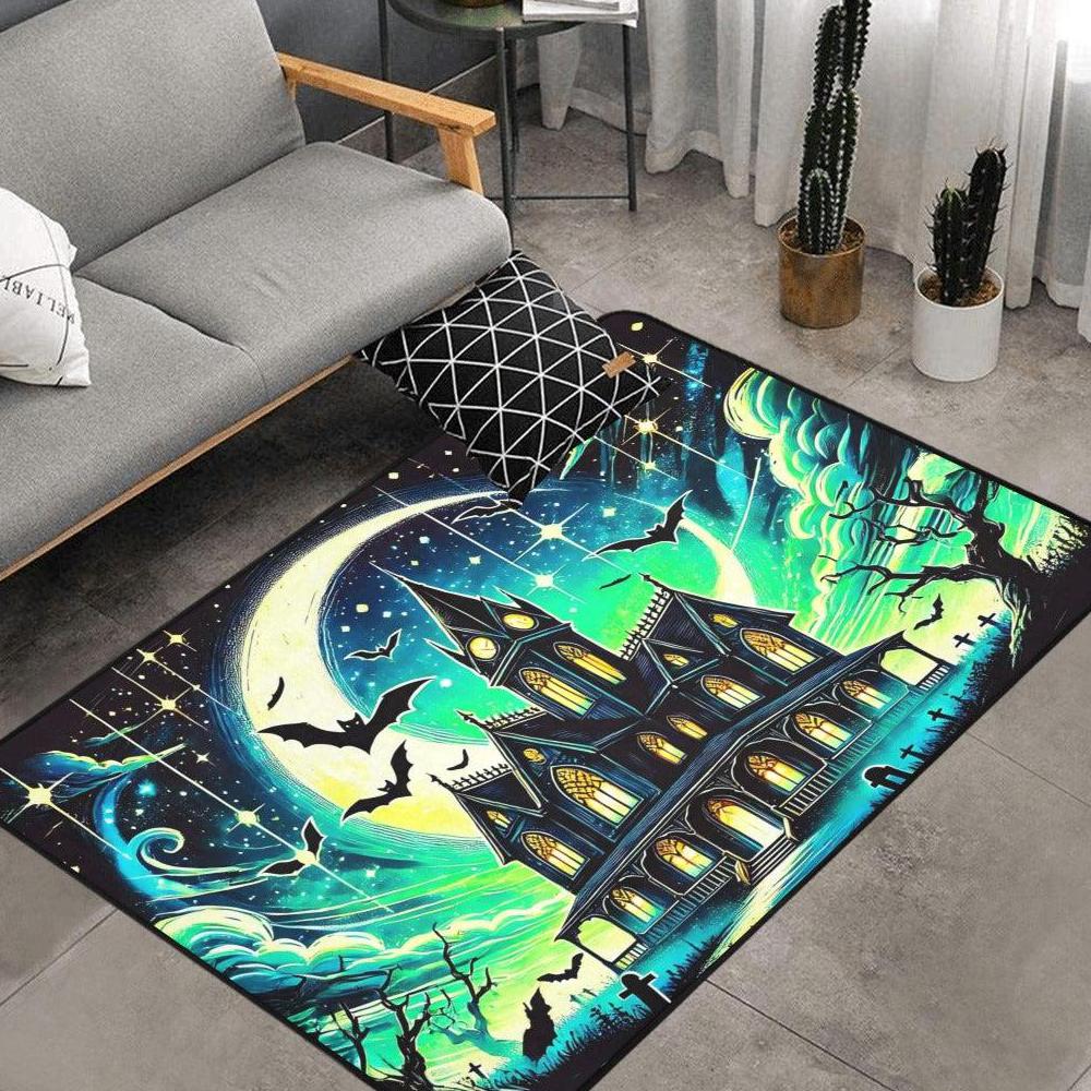 Bat, Moon and Gothic Castle Area Rug Spooky Carpet for Halloween-MoonChildWorld