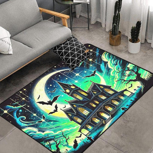 Bat, Moon and Gothic Castle Area Rug Spooky Carpet for Halloween