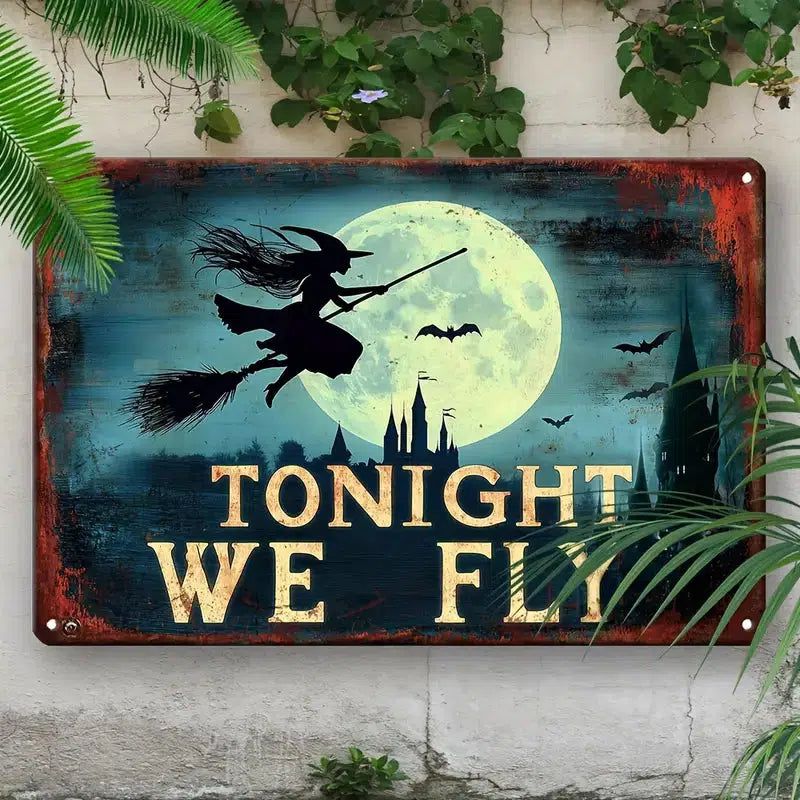 Flying Witch Metal Sign Witchy Wall Decor Gothic Halloween Welcome Sign-MoonChildWorld