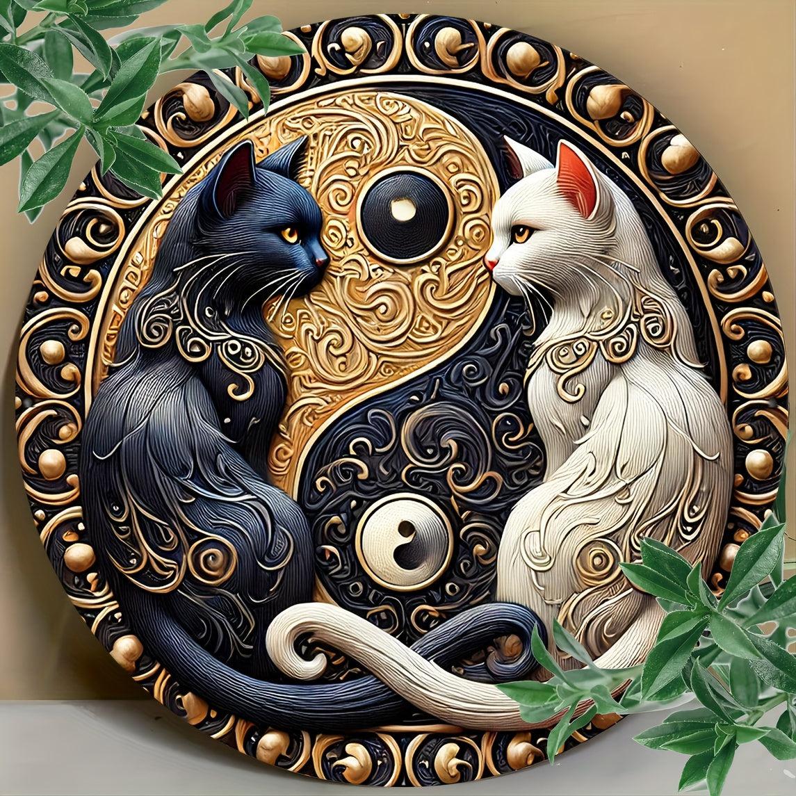 Black & White Cat Metal Sign Yin Yang Cat Wall Sign Feng Shui Home Decor-MoonChildWorld