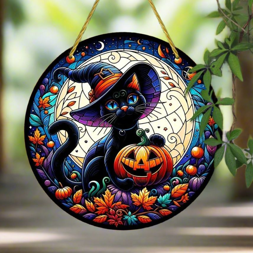 Black Cat Halloween Suncatcher Occult Acrylic Round Sign Gothic Decor-MoonChildWorld