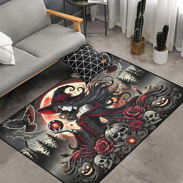 Skull Raven and Dark Witch Area Rug Gothic Witch Carpet for Halloween-MoonChildWorld