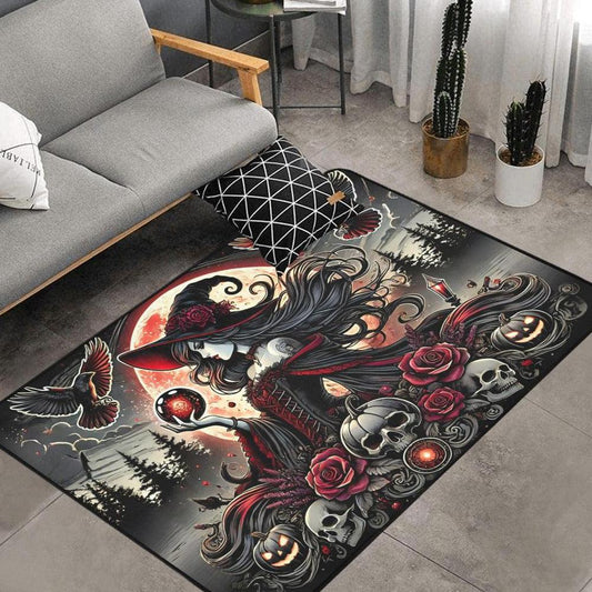 Skull Raven and Dark Witch Area Rug Gothic Witch Carpet for Halloween