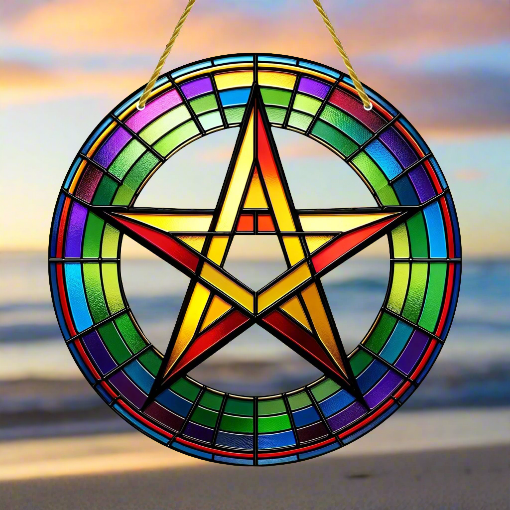 Vibrant Pentacle Suncatcher Wicca Pagan Acrylic Sign-MoonChildWorld