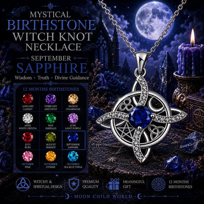 September sapphire witch knot necklace with pentacle & Celtic design, mystical birthstone jewelry for Wiccan altars