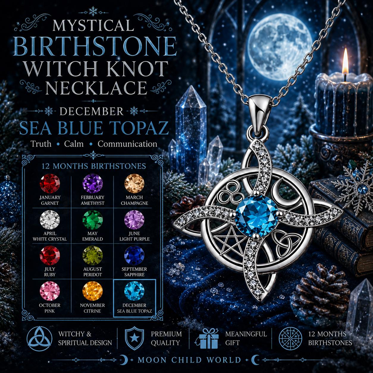 Mystical witch knot necklace with sea blue topaz, pentacle design, and birthstone chart for December, set against a moonlit altar with crystals and candlelight.