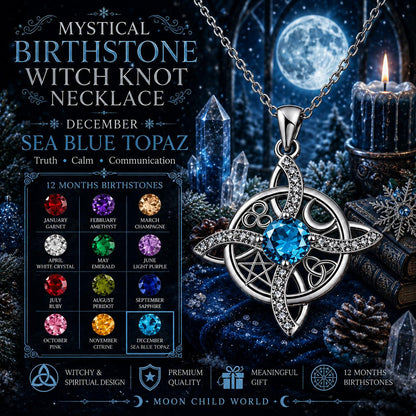 Mystical witch knot necklace with sea blue topaz, pentacle design, and birthstone chart for December, set against a moonlit altar with crystals and candlelight.