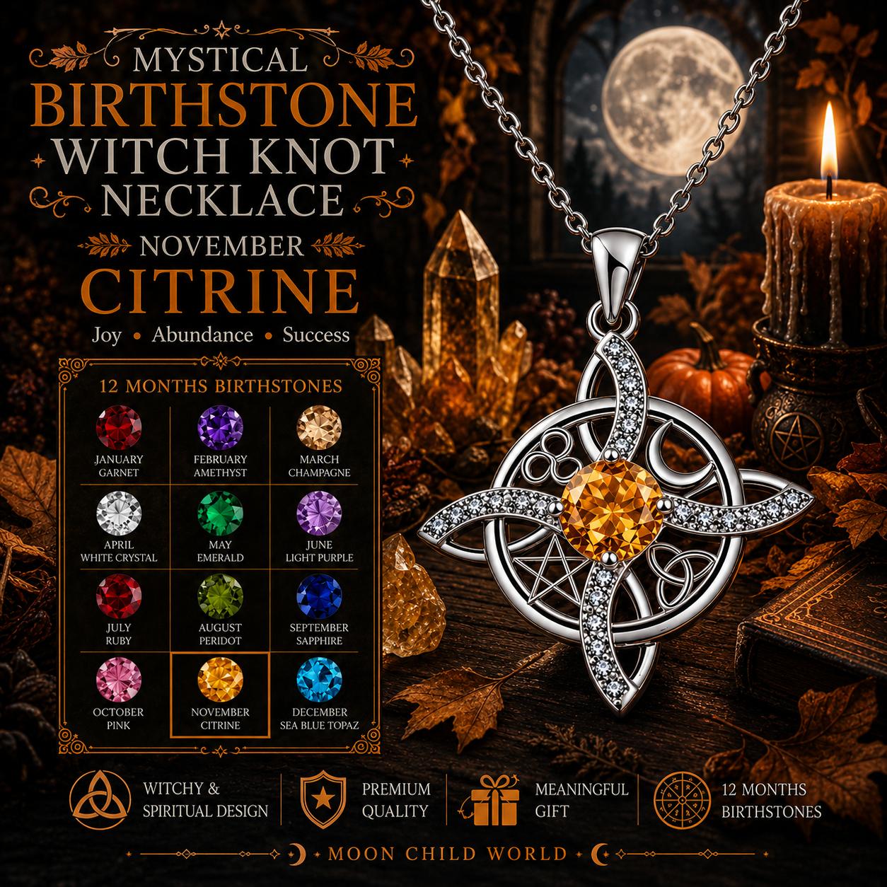 November Citrine Witch Knot Necklace with mystical birthstone pendant, perfect for witchy spiritual jewelry lovers.