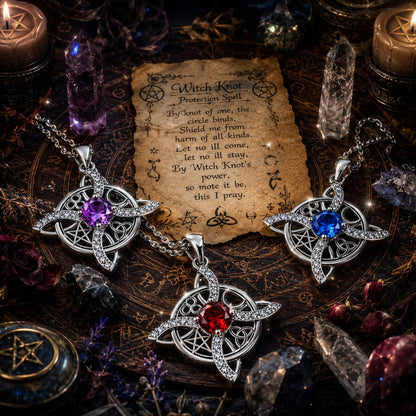 Three Witch Knot Necklace with Pentagram, Moon, Triquetra, Triskele & Birthstone on a mystical background with candles and crystals.