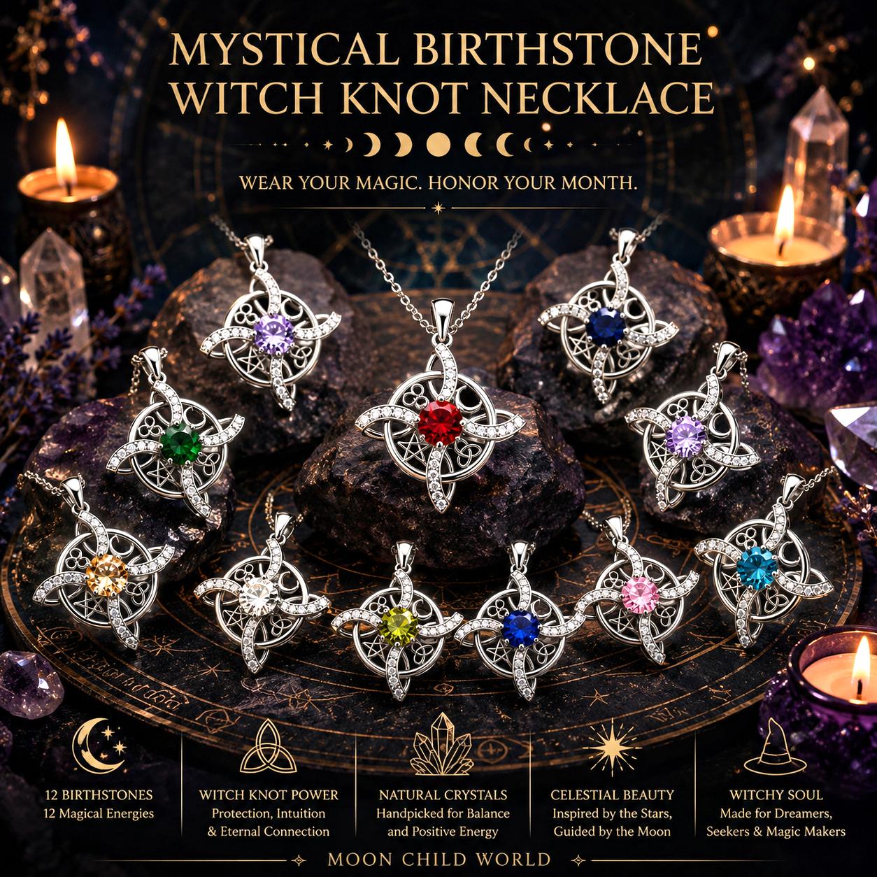 Mystical birthstone witch knot necklaces with crystal pendants, displayed on altar with candles and crystals