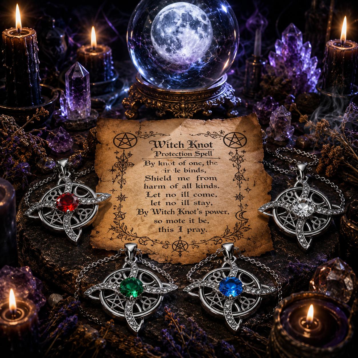 Witch Knot protection spell with mystical items including a crystal ball, candles, and crystals on a dark background.