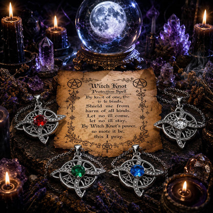 Witch Knot protection spell with mystical items including a crystal ball, candles, and crystals on a dark background.
