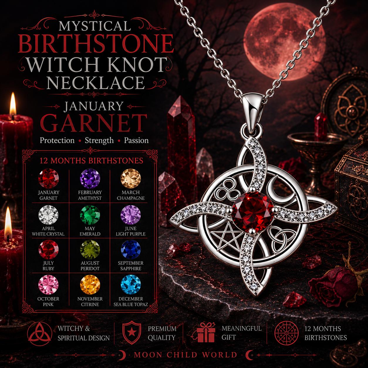 Mystical garnet witch knot necklace with pentacle, birthstone for January, set against red moon and candles