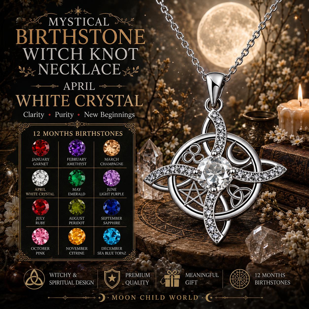 April White Crystal Witch Knot Necklace with pentacle, moon, and birthstone chart for mystical jewelry lovers