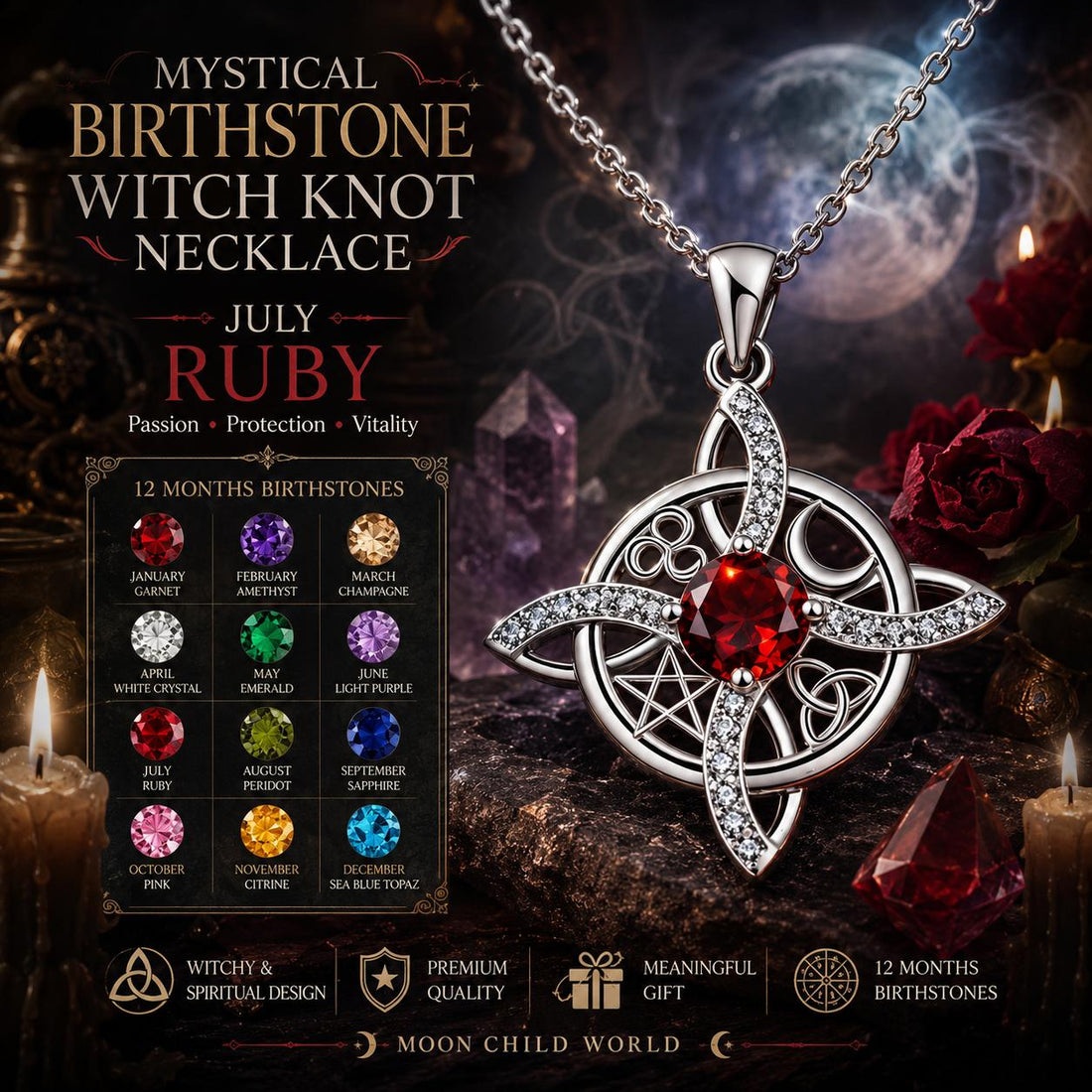 12 Birthstone Celtic Witch Knot Necklace Pagan Wiccan Protection Jewelry