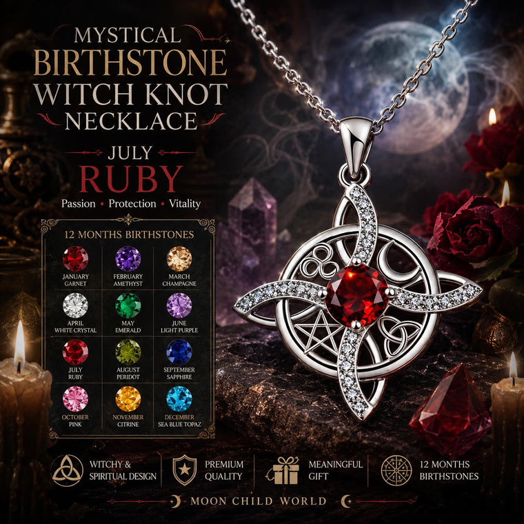 July Ruby Witch Knot Necklace with Pentacle & Birthstone, Mystical Wiccan Jewelry for Altar or Gift