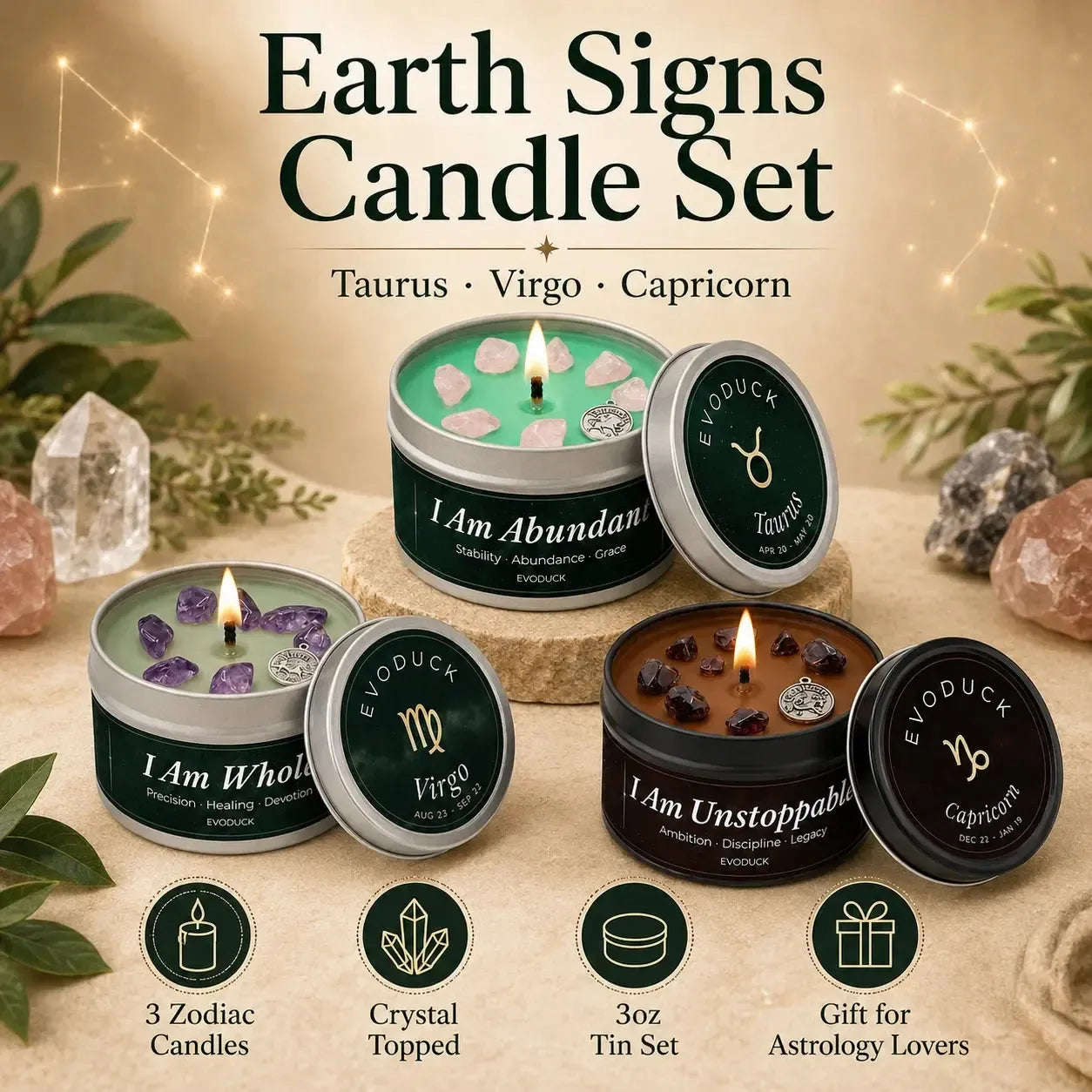 Earth Signs Candle Set featuring Taurus, Virgo and Capricorn candles with crystal tops - 3oz tin set, gift for astrology lovers