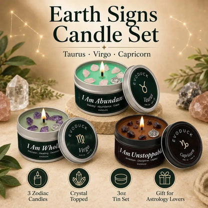 Earth Signs Candle Set featuring Taurus, Virgo and Capricorn candles with crystal tops - 3oz tin set, gift for astrology lovers