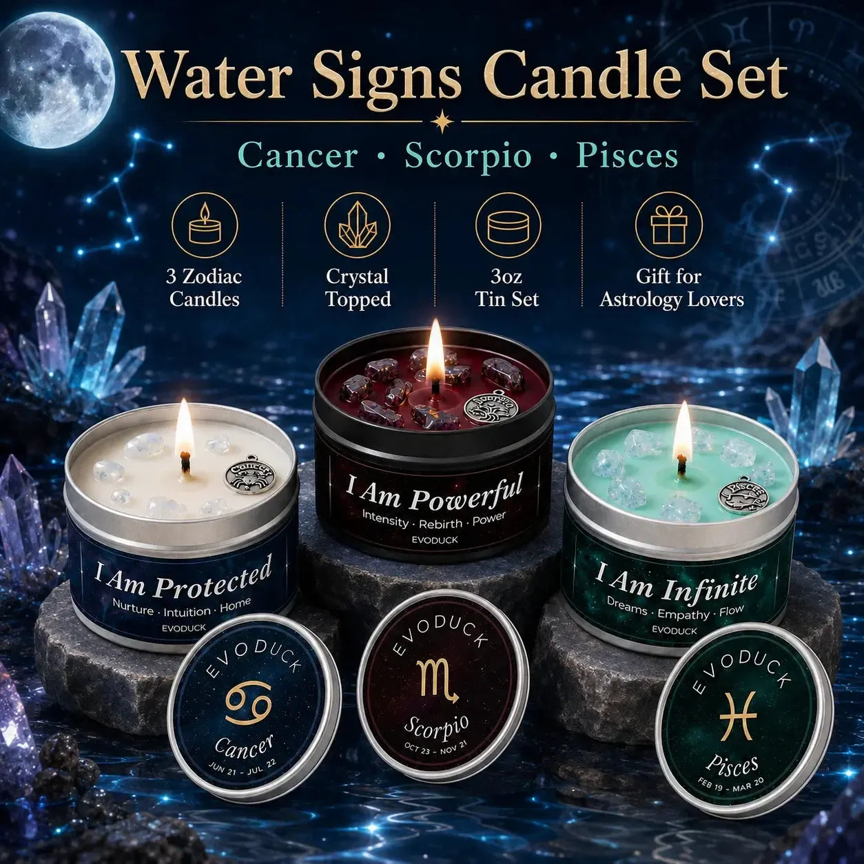Water Signs Candle Set featuring three candles in silver tins with labels for Cancer, Scorpio, and Pisces, displayed on dark stone pedestals against a mystical night sky background with moon and crystals.
