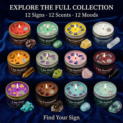 Full collection of 12 zodiac candles with unique crystals for each astrology sign - 12 Signs, 12 Scents, 12 Moods, Find Your Sign