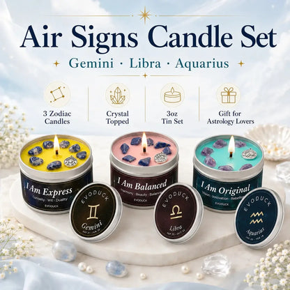 Air Signs Candle Set featuring Gemini, Libra and Aquarius candles with crystal tops - 3oz tin set, gift for astrology lovers