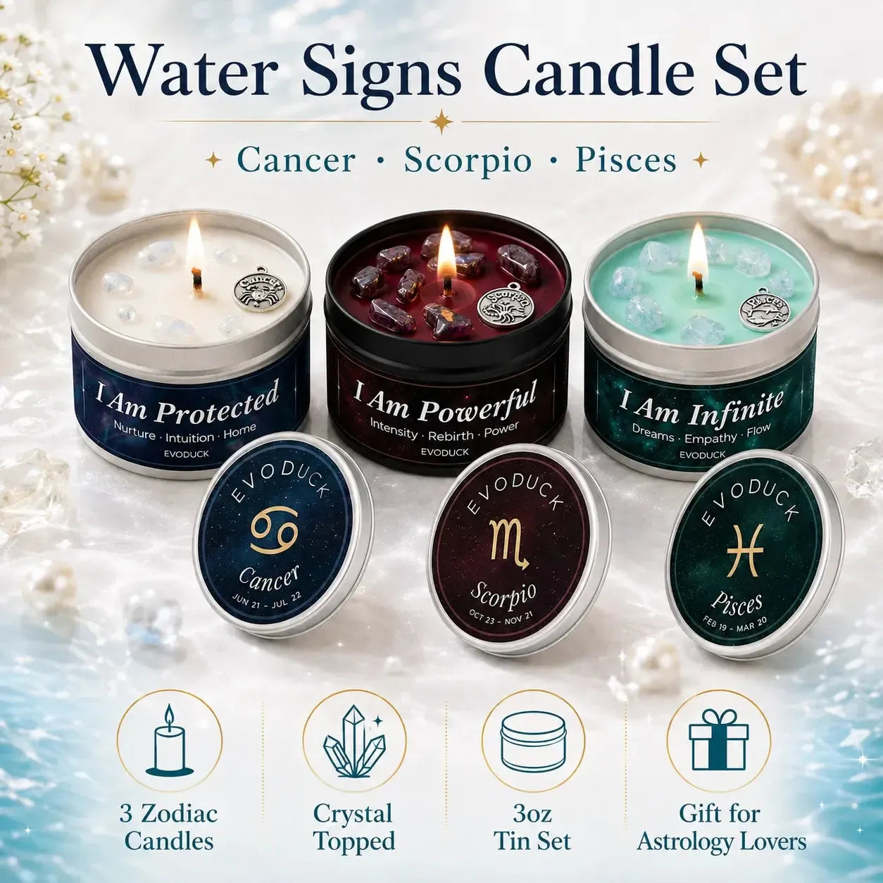 Water Signs Candle Set featuring Cancer, Scorpio and Pisces candles with crystal tops - 3oz tin set, gift for astrology lovers