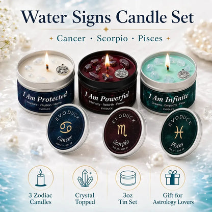 Water Signs Candle Set featuring Cancer, Scorpio and Pisces candles with crystal tops - 3oz tin set, gift for astrology lovers