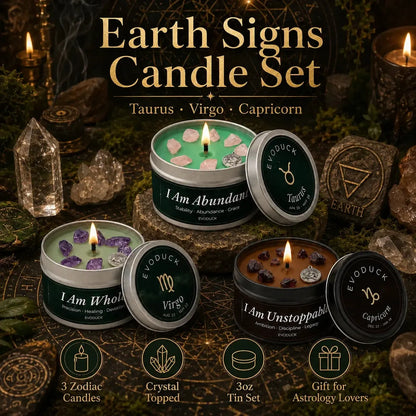Earth Signs Candle Set featuring four astrology-themed tin candles with green, purple, and brown wax, displayed with crystals, a pentacle board, and lit candles on a dark mystical background.