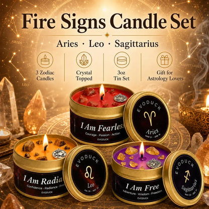 Fire Signs Candle Set featuring three zodiac-themed candles in gold tins: Aries red, Leo orange, and Sagittarius purple, with matching lids shown. The image includes product details, astrological icons, and a warm glowing background.