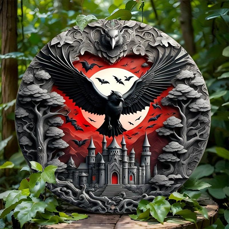 Vintage Halloween Vampire Raven and Bat Metal Sign Gothic Wall Sign-MoonChildWorld