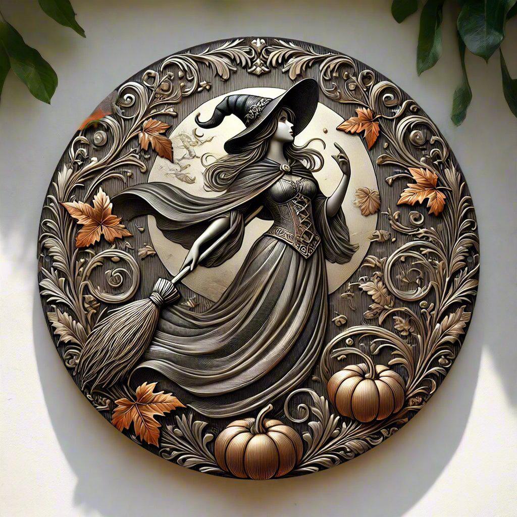 Enchanting Witch with Broom Witch Metal Sign Halloween Decor-MoonChildWorld