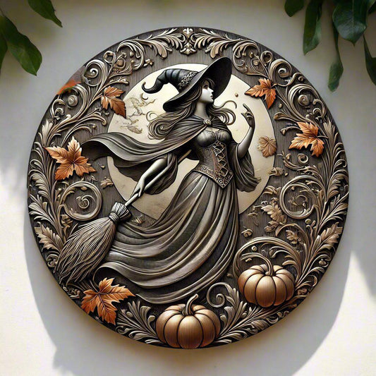 Enchanting Witch with Broom Witch Metal Sign Halloween Decor