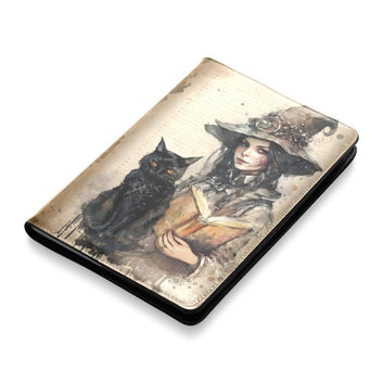 Vintage black cat witch Leather Notebook A5