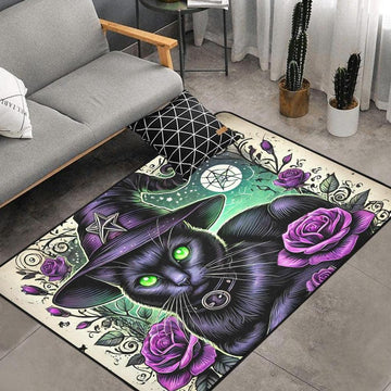 Black Cat Wiccan Area Rug Witchy Cat Witchcraft Carpet-MoonChildWorld