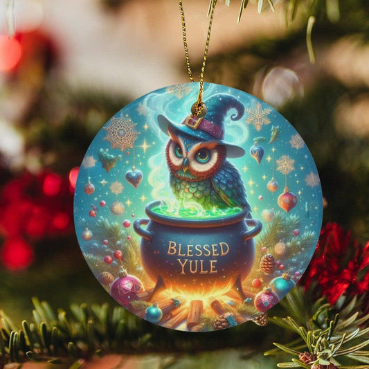 Witchy Owl Ceramic Christmas Ornament for Yule Tree Decorations